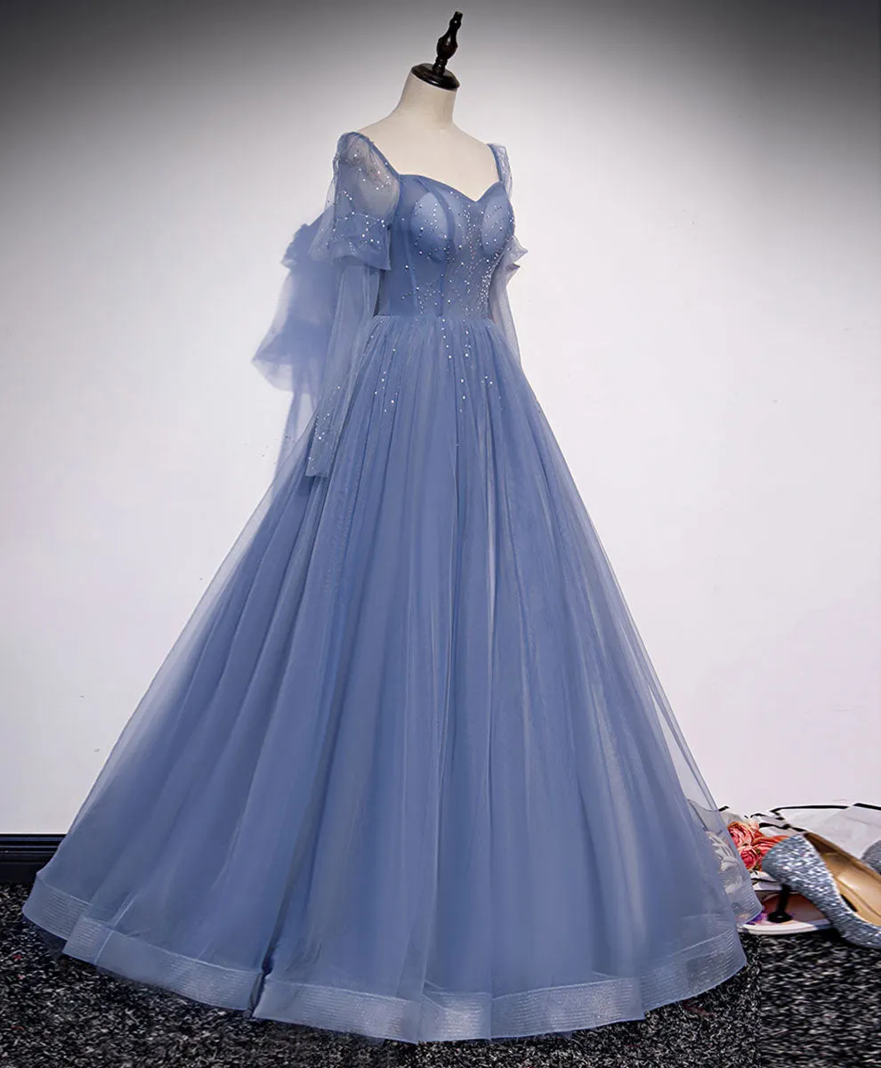 A line Blue Long Prom Dress Blue Formal Graduation Dress with Beading