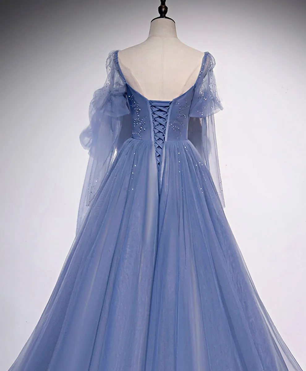 A line Blue Long Prom Dress Blue Formal Graduation Dress with Beading