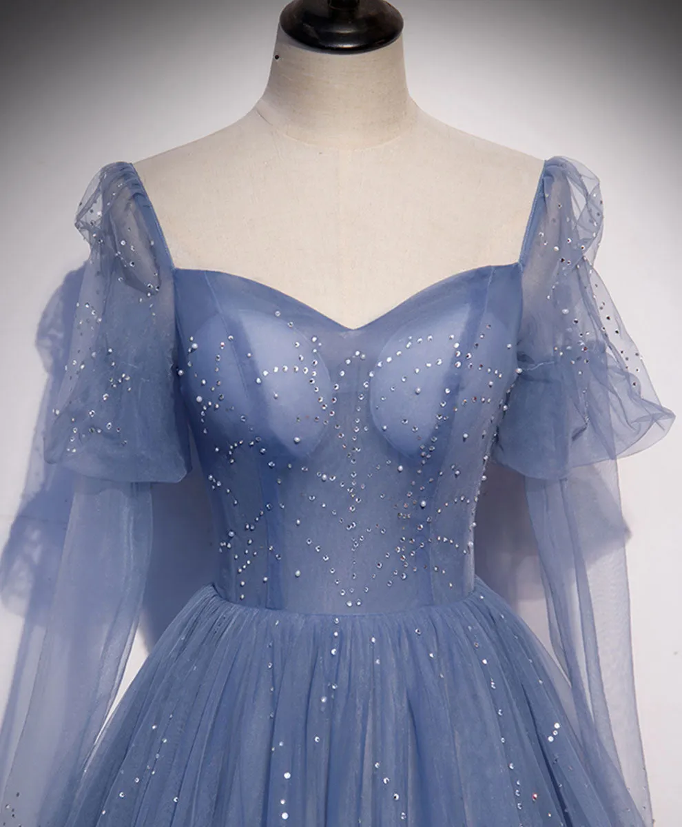 A line Blue Long Prom Dress Blue Formal Graduation Dress with Beading