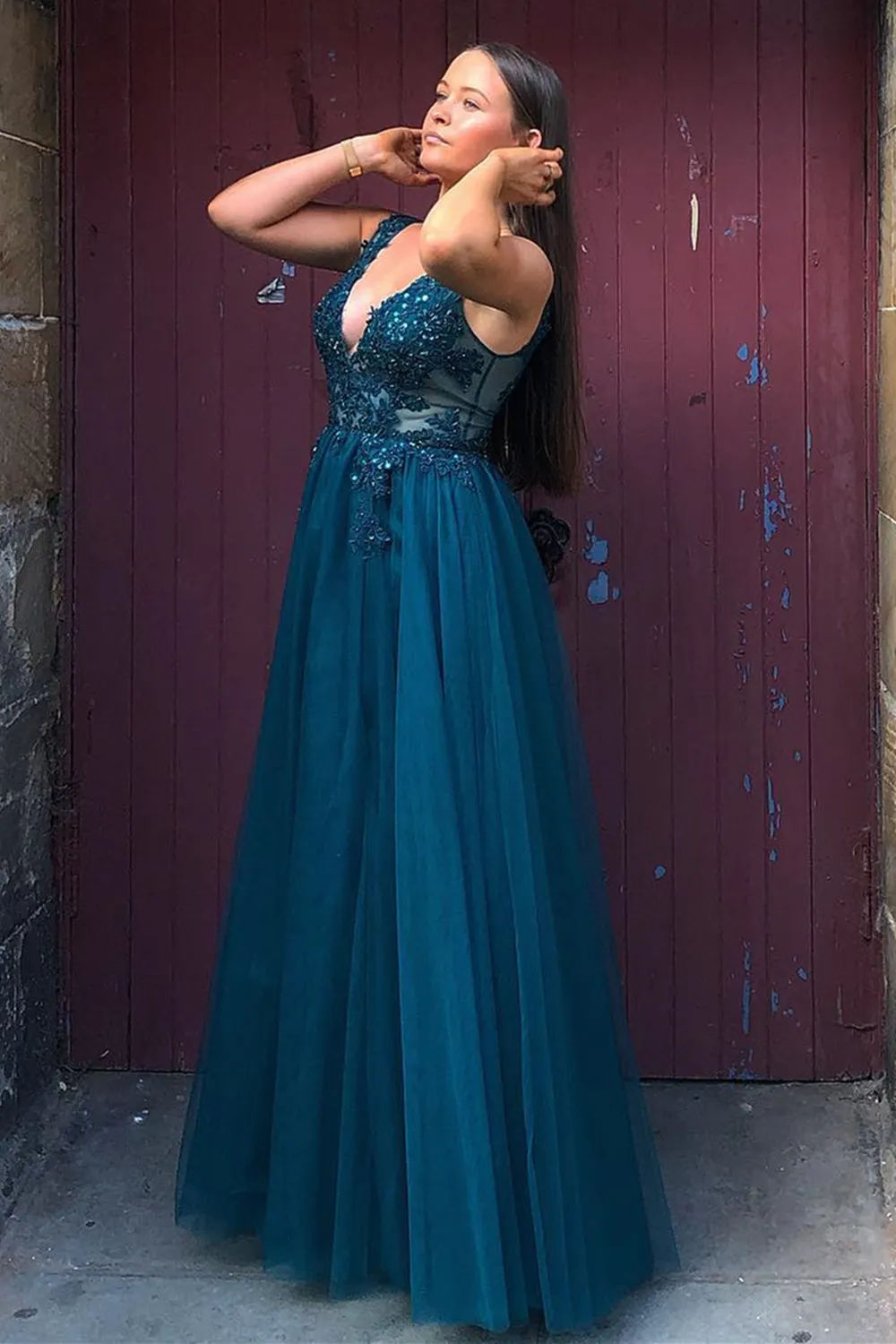 A Line V Neck Blue Lace Long Prom Dress, Long Blue Lace Formal Dress, Blue Lace Evening Dress