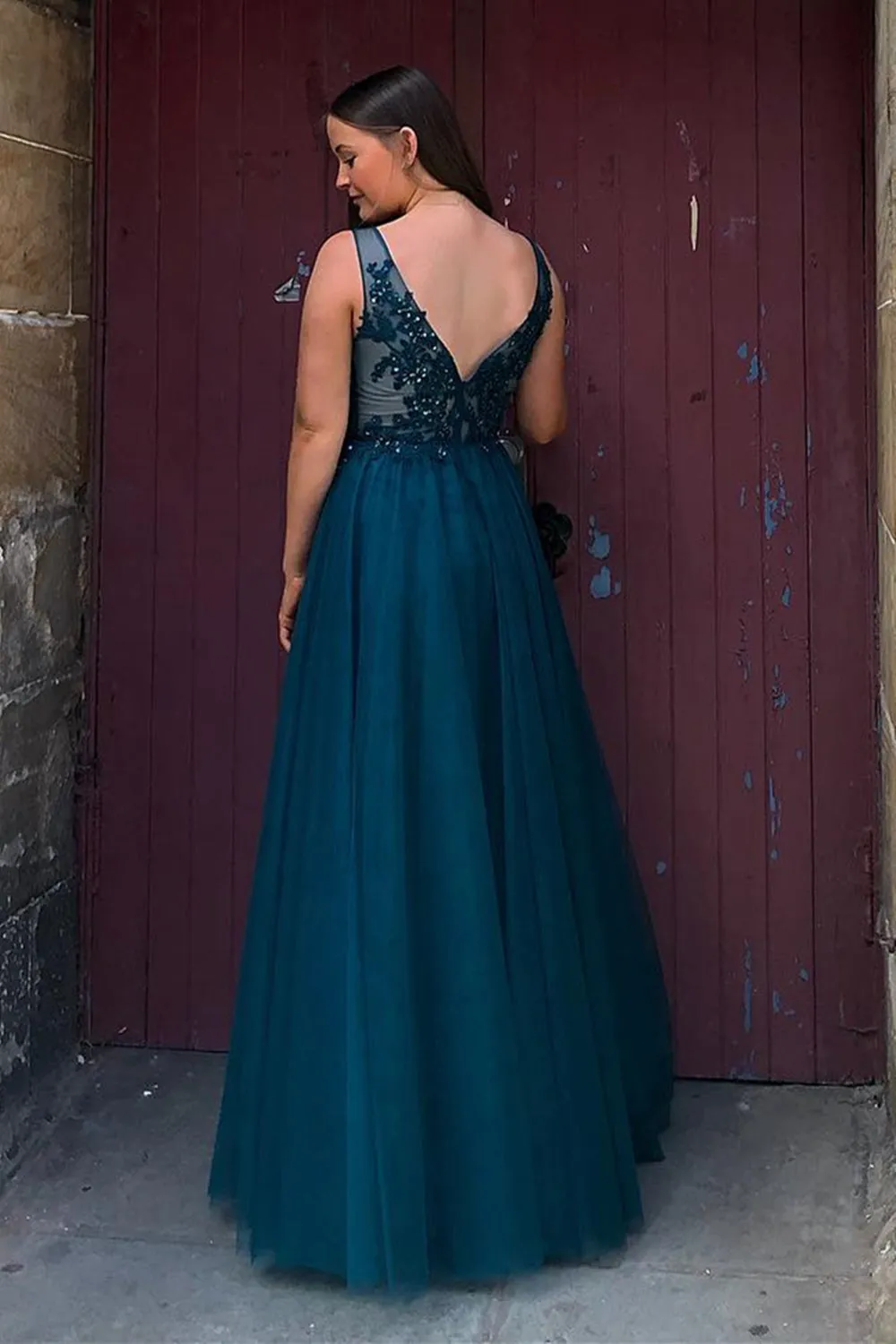 A Line V Neck Blue Lace Long Prom Dress, Long Blue Lace Formal Dress, Blue Lace Evening Dress