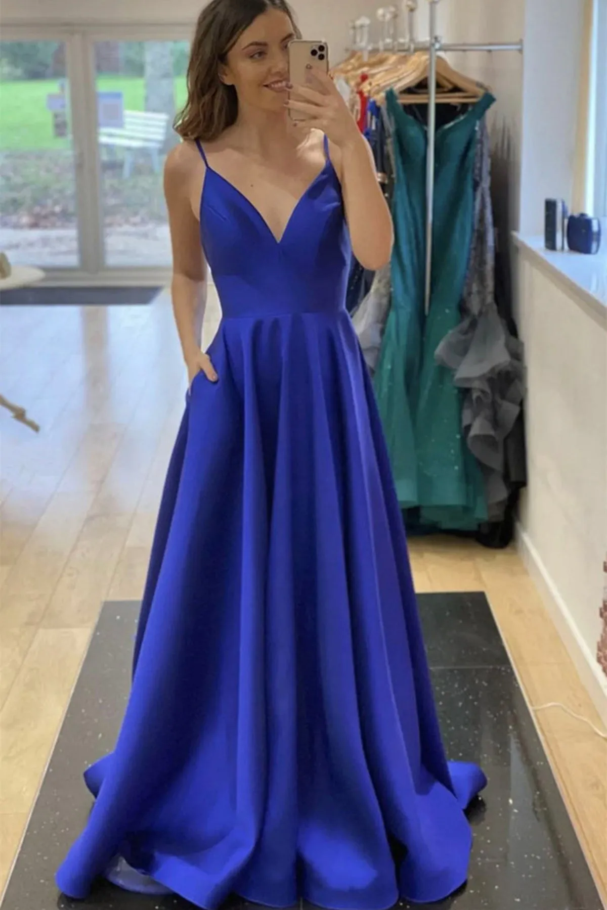 A Line V Neck Open Back Blue Long Prom Dress, Royal Blue Formal Graduation Evening Dress A1635