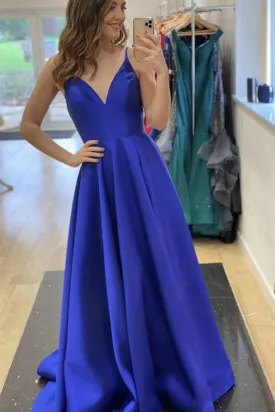A Line V Neck Open Back Blue Long Prom Dress, Royal Blue Formal Graduation Evening Dress A1635