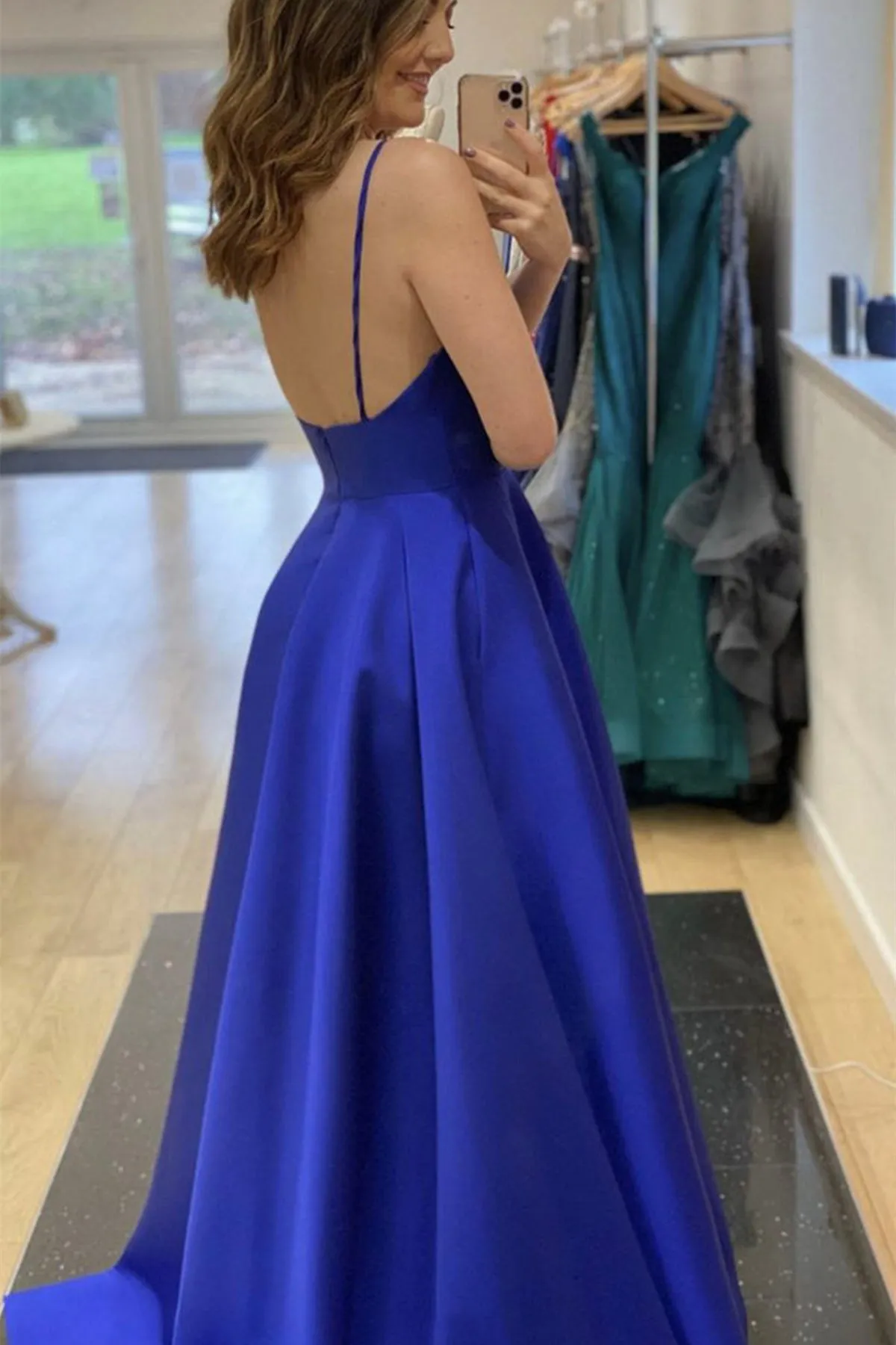 A Line V Neck Open Back Blue Long Prom Dress, Royal Blue Formal Graduation Evening Dress A1635