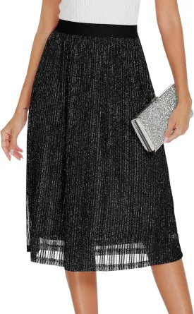 AIMCOO Womens Sequin Skirt Stretchy High Waisted Skirt Sparkly Pleated Midi Skirt 2025 Chiffon Flowy A-line Casual Skirts