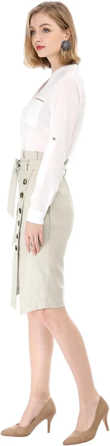 Allegra K Women's Pencil Skirt High Waisted Slit Button Decor Belted Work Skirts