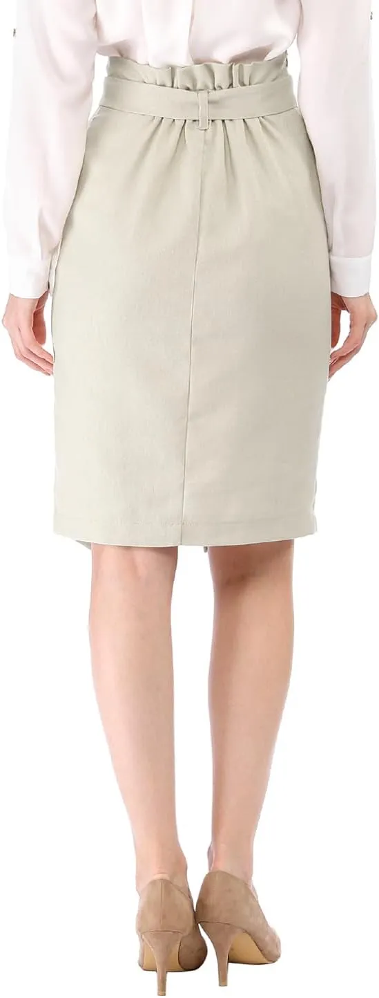 Allegra K Women's Pencil Skirt High Waisted Slit Button Decor Belted Work Skirts