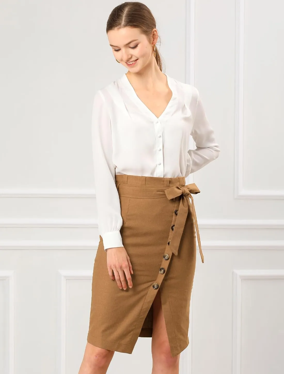 Allegra K Women's Pencil Skirt High Waisted Slit Button Decor Belted Work Skirts