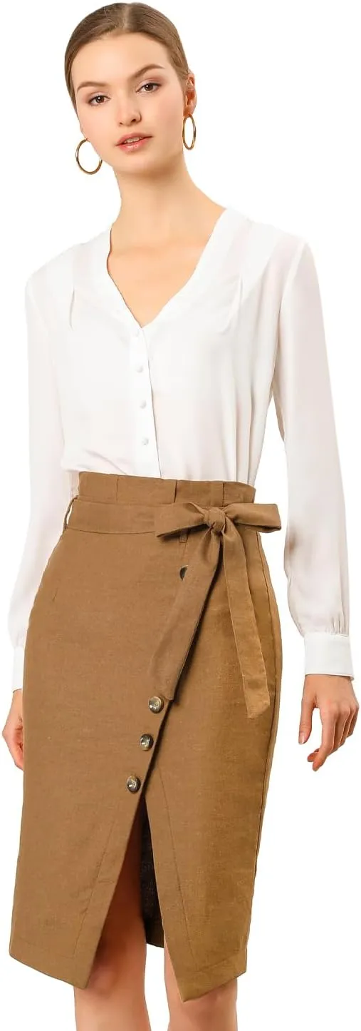 Allegra K Women's Pencil Skirt High Waisted Slit Button Decor Belted Work Skirts