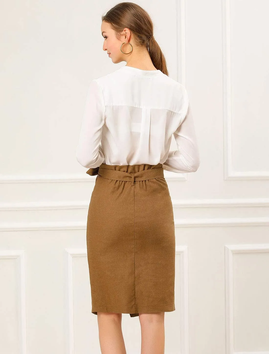 Allegra K Women's Pencil Skirt High Waisted Slit Button Decor Belted Work Skirts