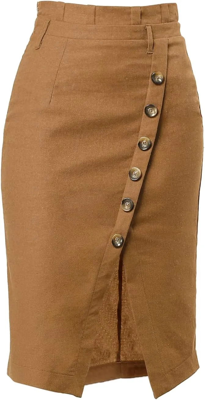 Allegra K Women's Pencil Skirt High Waisted Slit Button Decor Belted Work Skirts