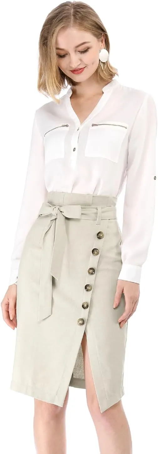 Allegra K Women's Pencil Skirt High Waisted Slit Button Decor Belted Work Skirts