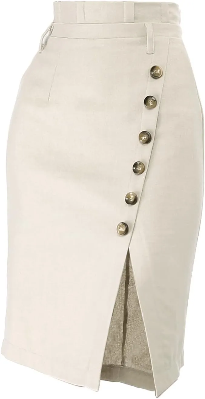 Allegra K Women's Pencil Skirt High Waisted Slit Button Decor Belted Work Skirts