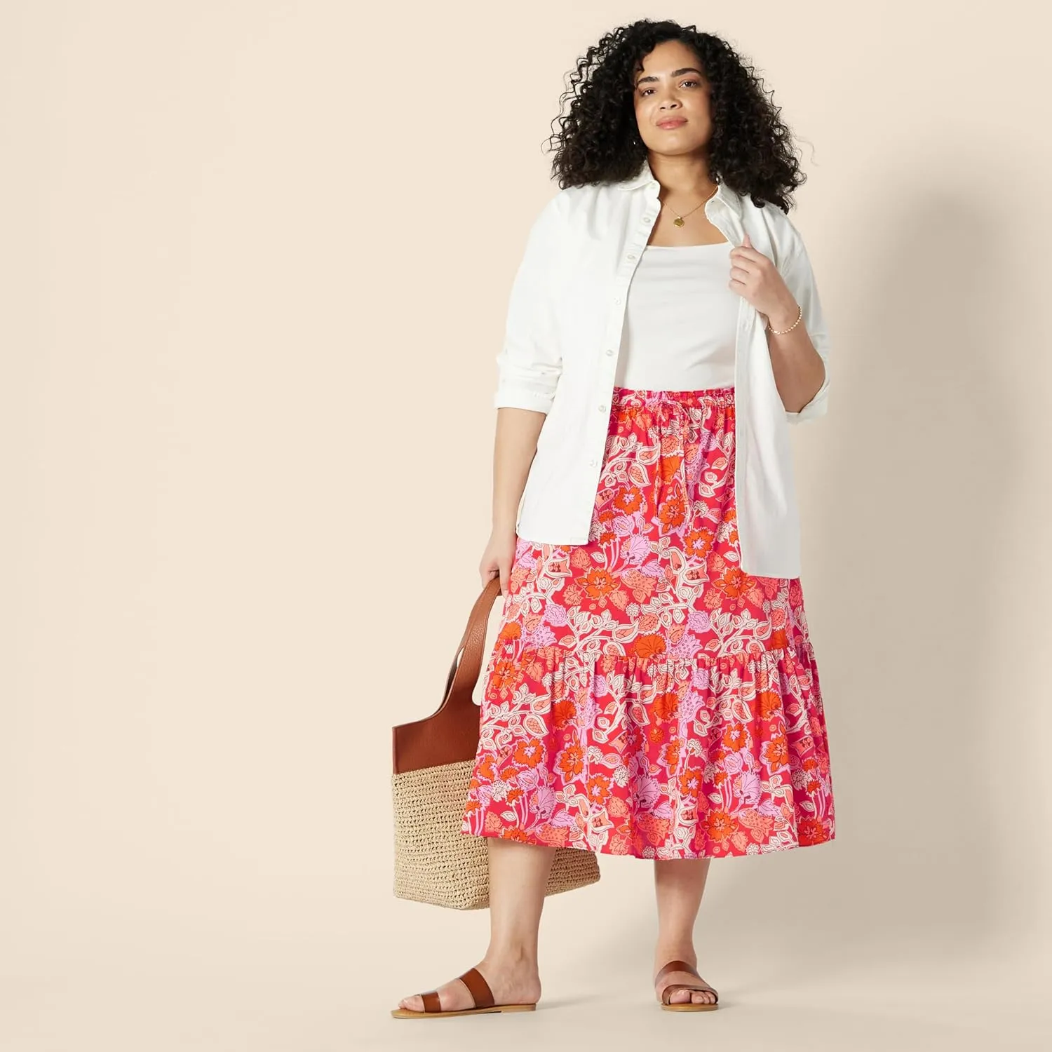 Amazon Essentials Women's Mid-Rise A-line Cotton Sateen Tiered Midi Skirt (Top Sold Separately)