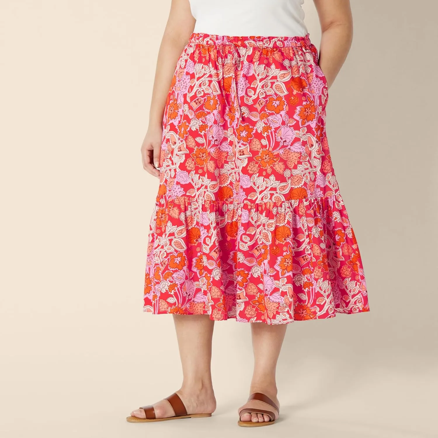 Amazon Essentials Women's Mid-Rise A-line Cotton Sateen Tiered Midi Skirt (Top Sold Separately)
