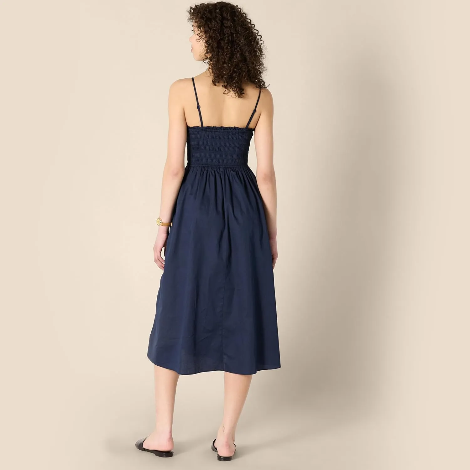 Amazon Essentials Women's Regular-Fit Cotton Sateen Smocked Bodice Midi Dress