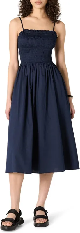 Amazon Essentials Women's Regular-Fit Cotton Sateen Smocked Bodice Midi Dress