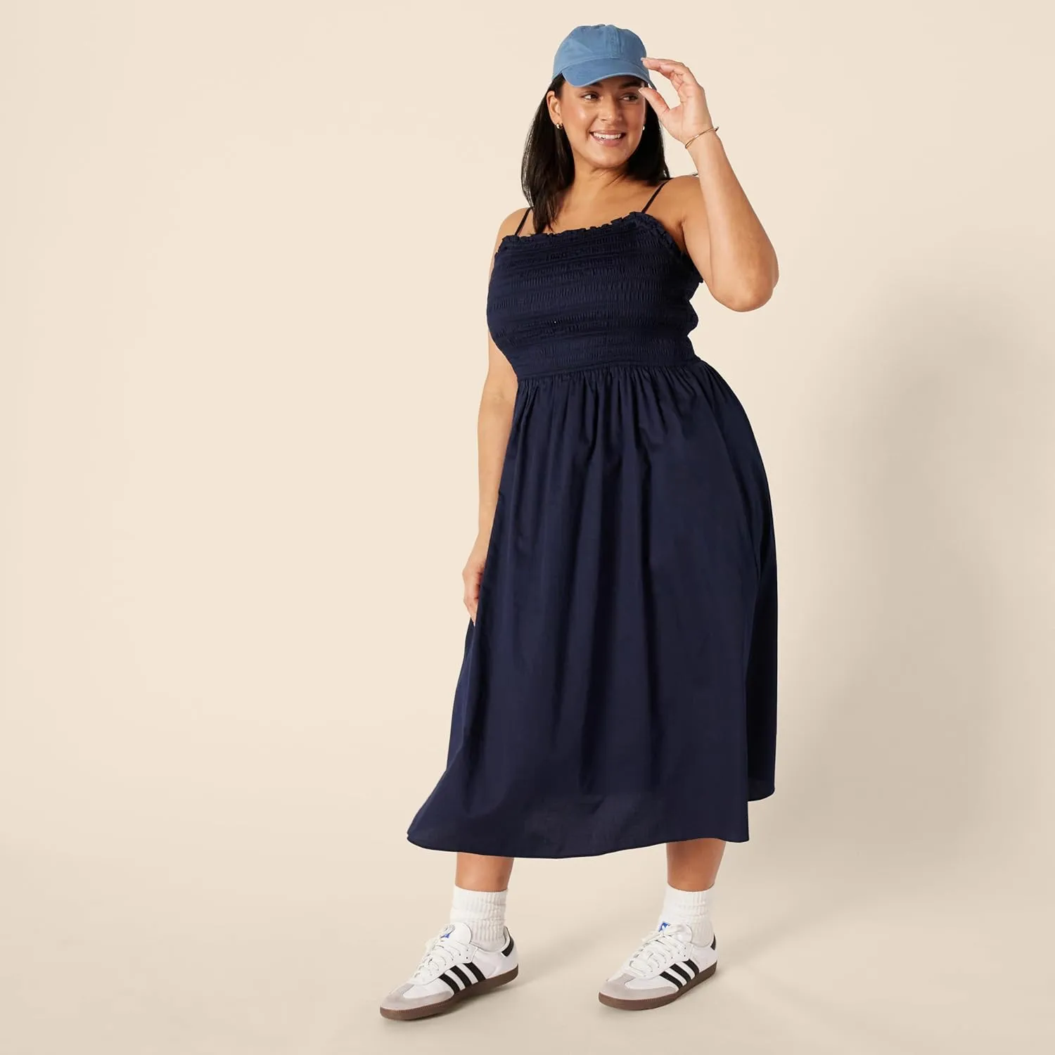 Amazon Essentials Women's Regular-Fit Cotton Sateen Smocked Bodice Midi Dress