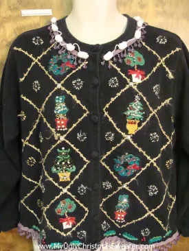 Awesome Ugly Christmas Sweater Cardigan with Purple Bling Fringe