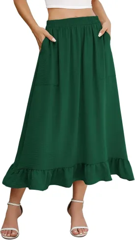 Berydress Women's Midi Skirts with Pockets Elastic High Waist Flowy Swing A Line Casual Tiered Ruffle Skirt