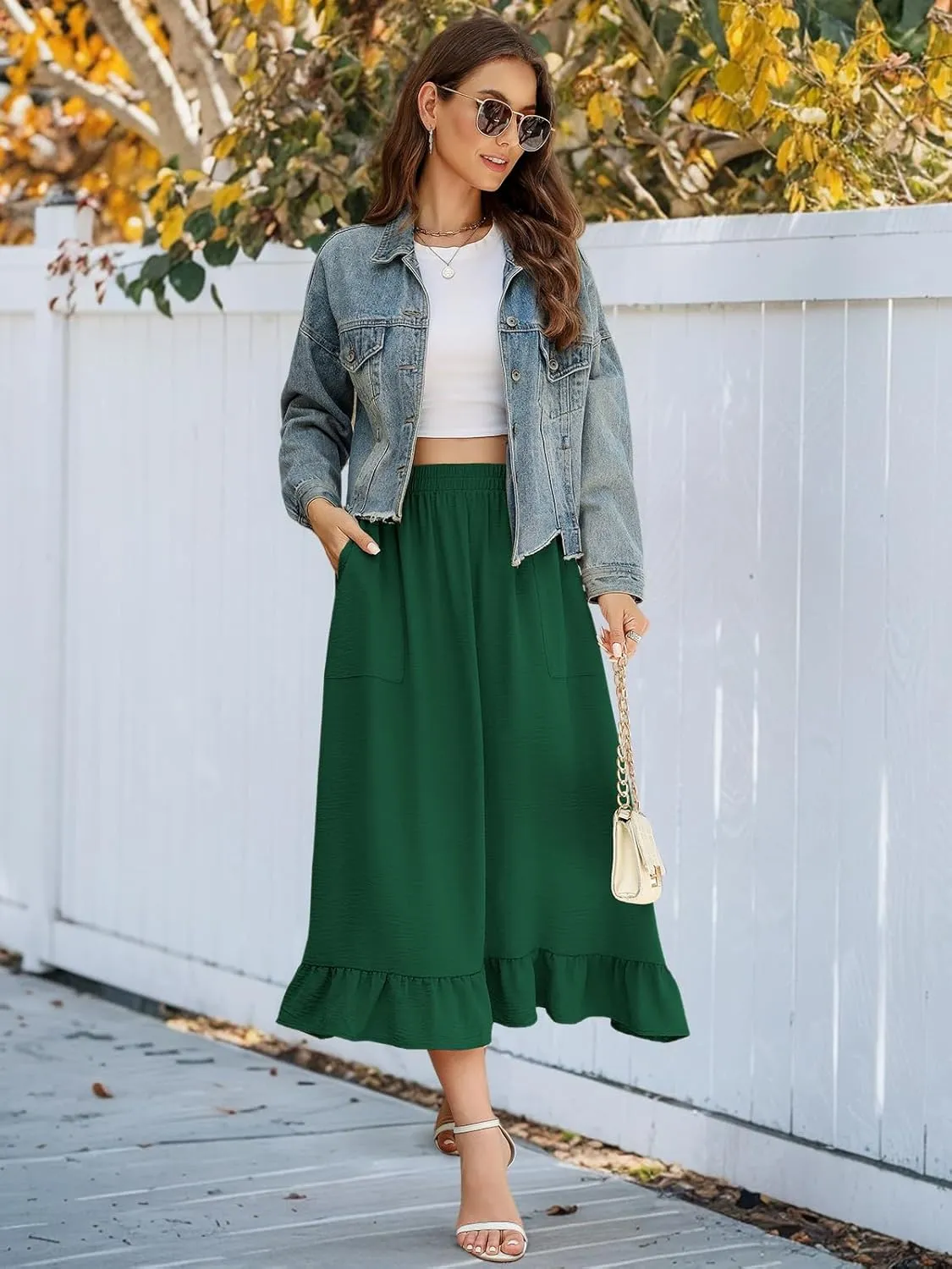Berydress Women's Midi Skirts with Pockets Elastic High Waist Flowy Swing A Line Casual Tiered Ruffle Skirt