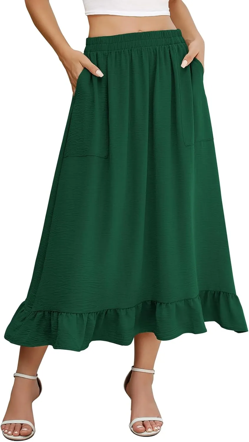 Berydress Women's Midi Skirts with Pockets Elastic High Waist Flowy Swing A Line Casual Tiered Ruffle Skirt