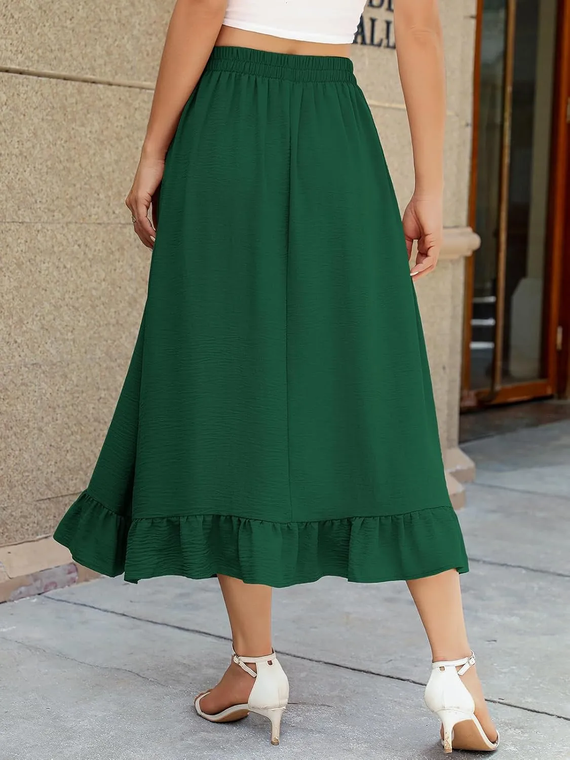Berydress Women's Midi Skirts with Pockets Elastic High Waist Flowy Swing A Line Casual Tiered Ruffle Skirt