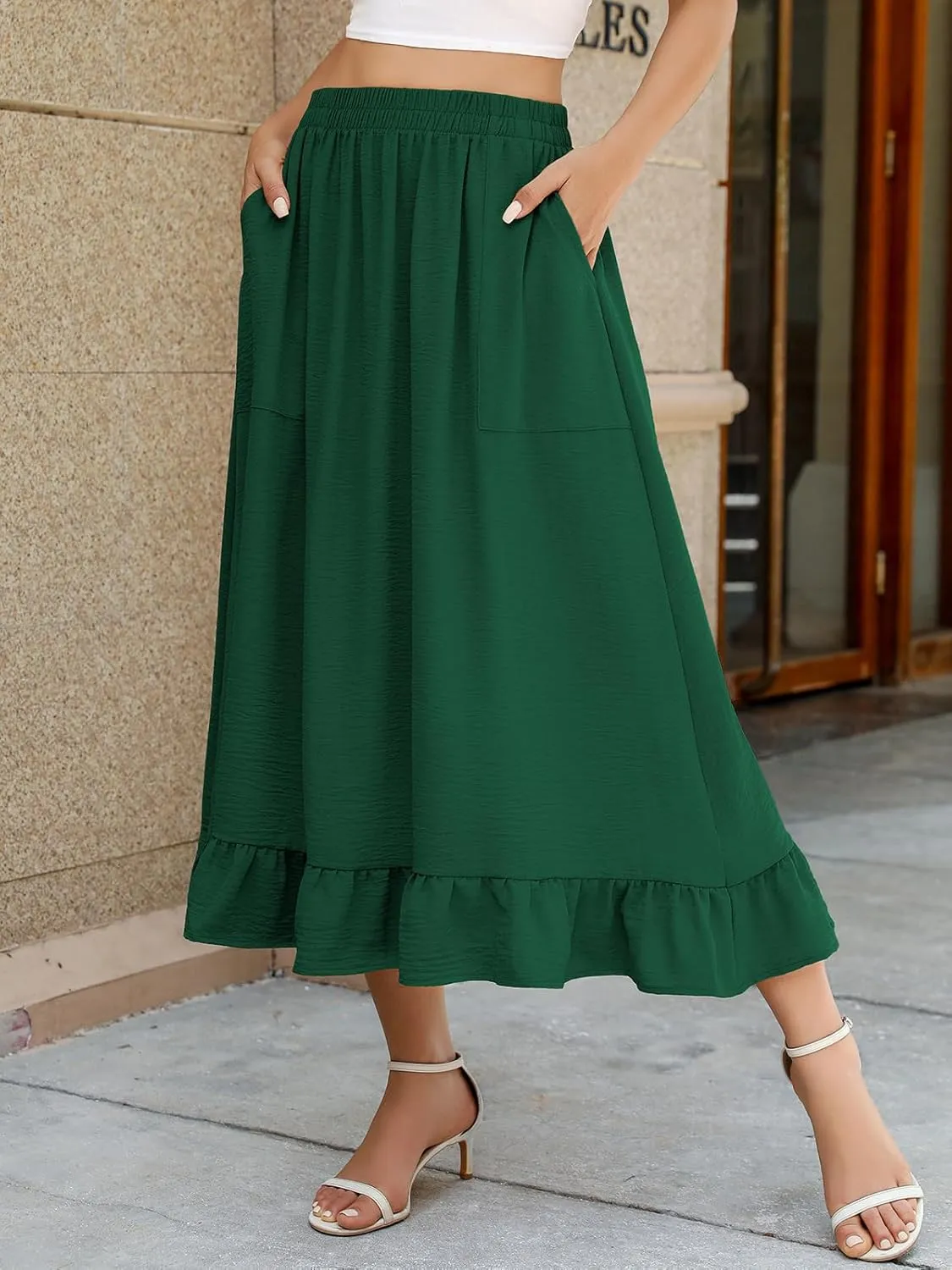 Berydress Women's Midi Skirts with Pockets Elastic High Waist Flowy Swing A Line Casual Tiered Ruffle Skirt