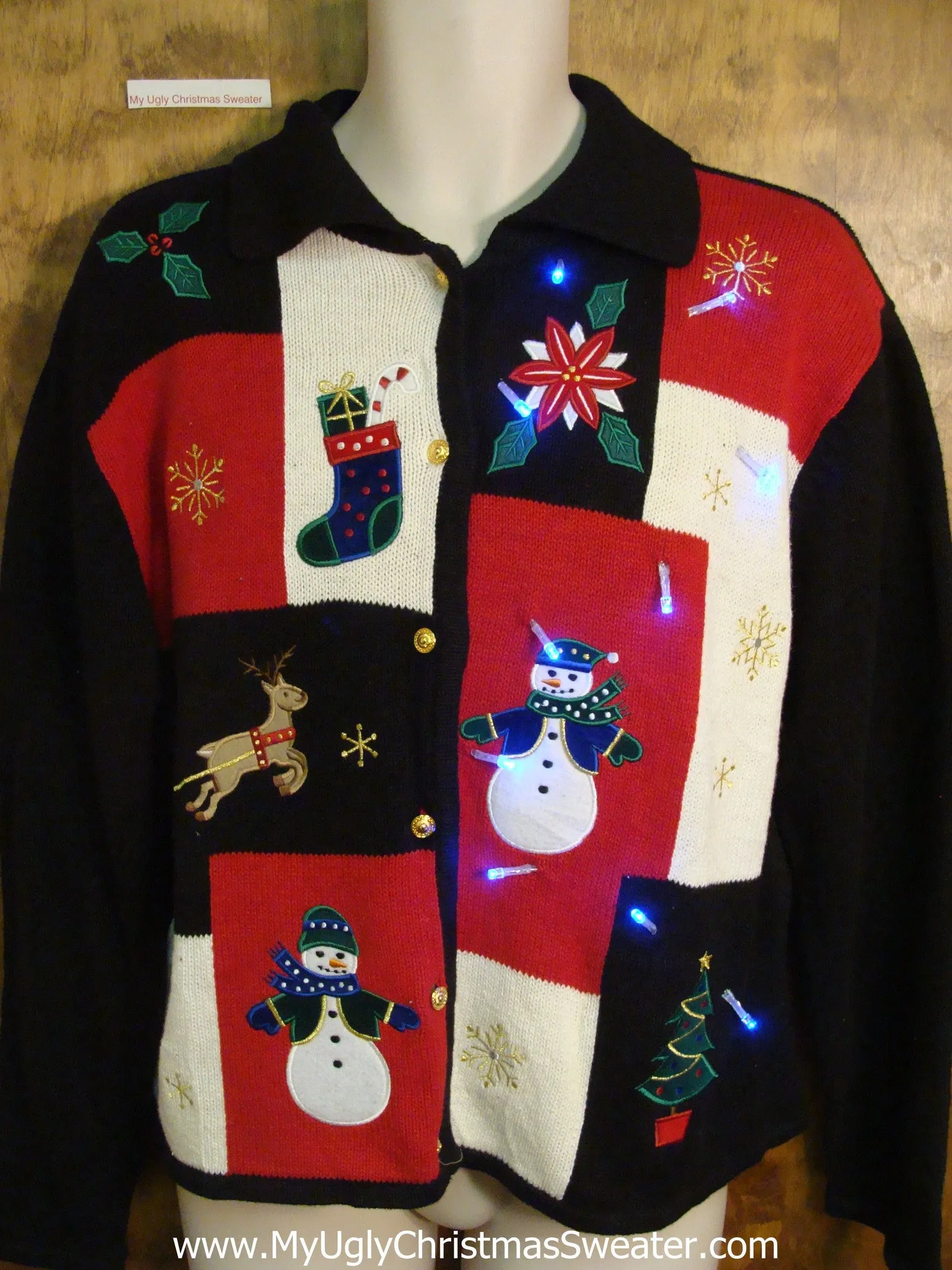 Black and Red Blocks Festive Light Up Ugly Christmas Jumper