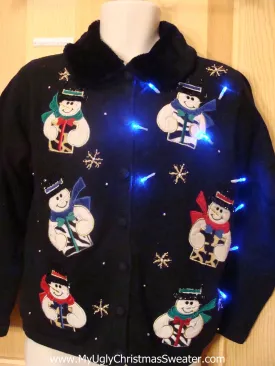 Black Light Up Ugly Xmas Sweater Festive Snowmen and Furry Collar