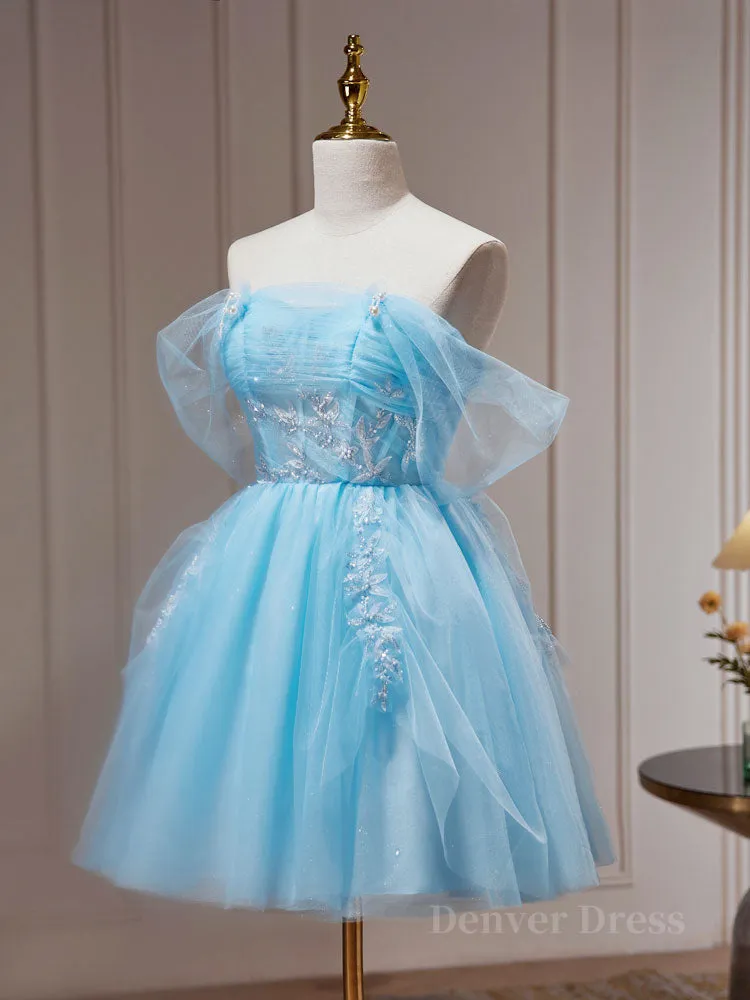 Blue A-line Tulle Short Prom Dress Blue Homecoming Dress