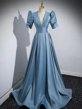 Blue Floor Length V-Neck Satin Prom Dress Simple A-Line Evening Dress