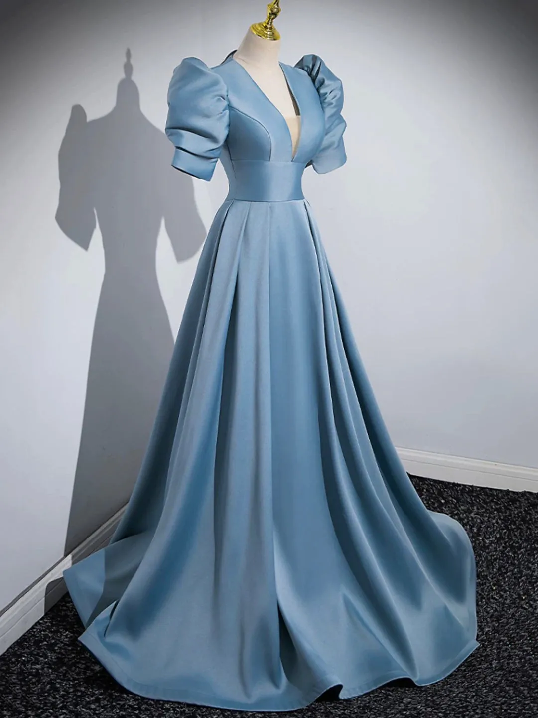Blue Floor Length V-Neck Satin Prom Dress Simple A-Line Evening Dress