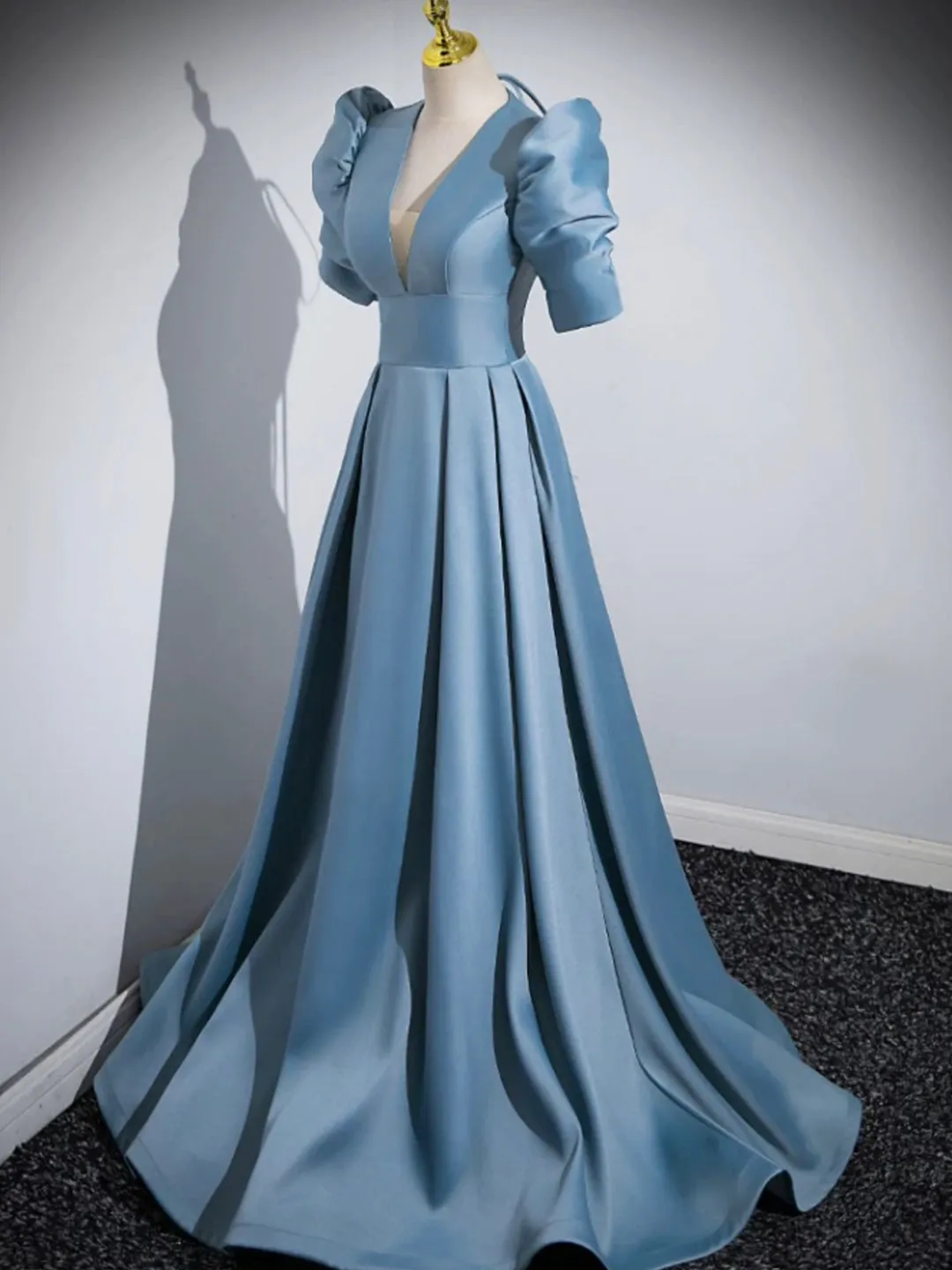 Blue Floor Length V-Neck Satin Prom Dress Simple A-Line Evening Dress
