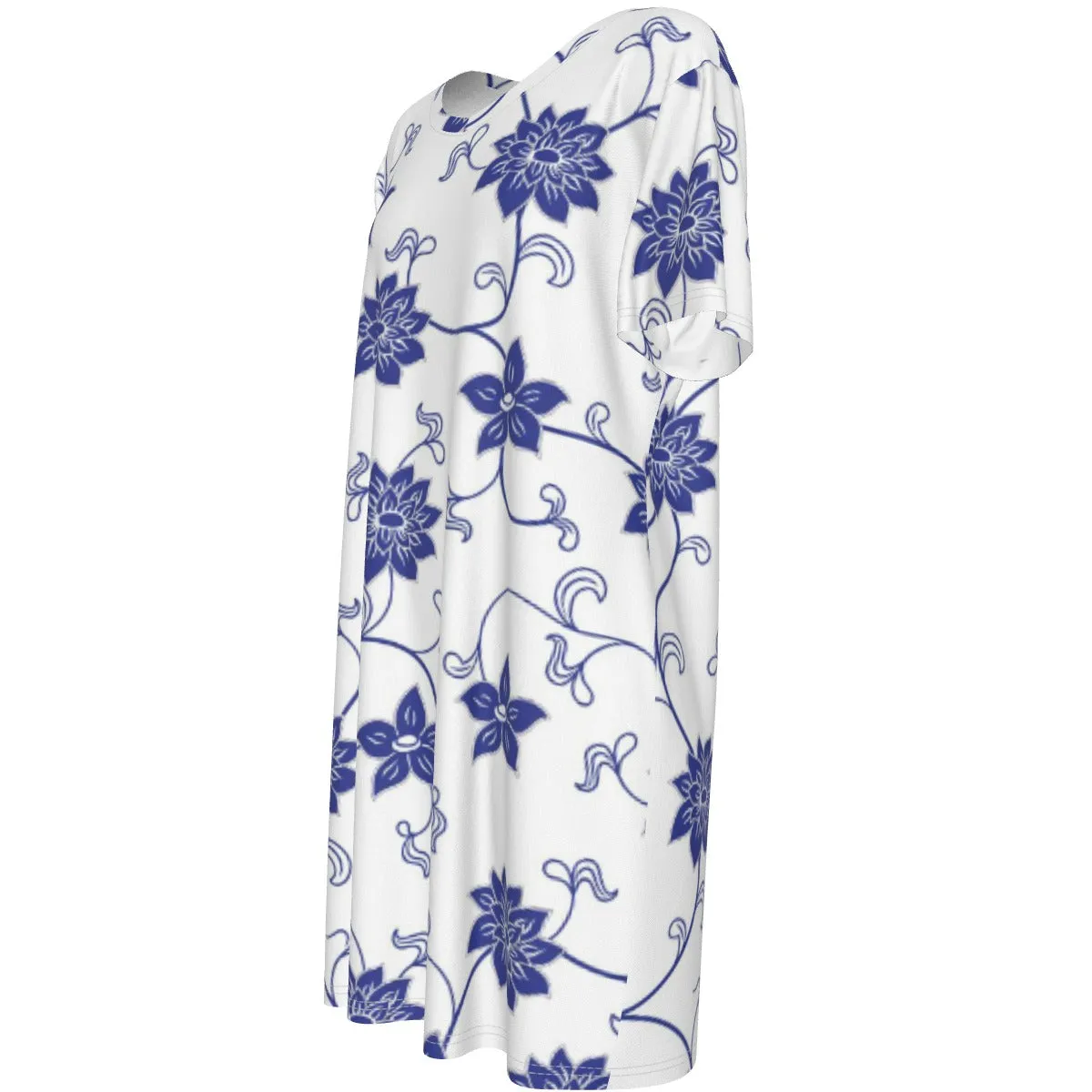 Blue Floral Short Sleeve Waist Dress