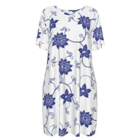 Blue Floral Short Sleeve Waist Dress