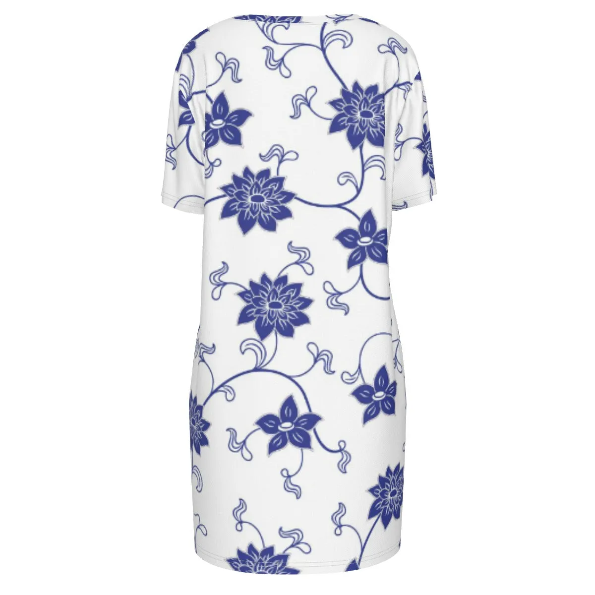 Blue Floral Short Sleeve Waist Dress