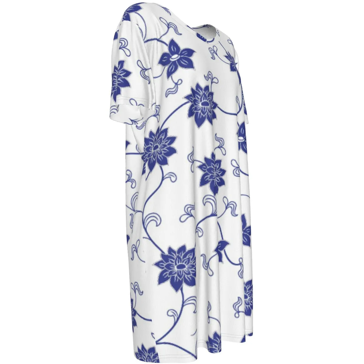 Blue Floral Short Sleeve Waist Dress