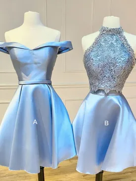 Blue lace satin short cocktail dress blue homecoming dress