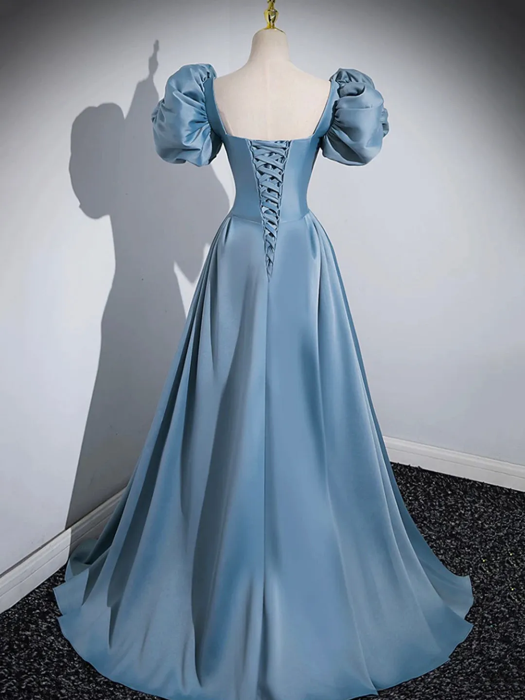 Blue Puff Sleeve Satin Floor Length Prom Dress Blue A-Line Evening Party Dress