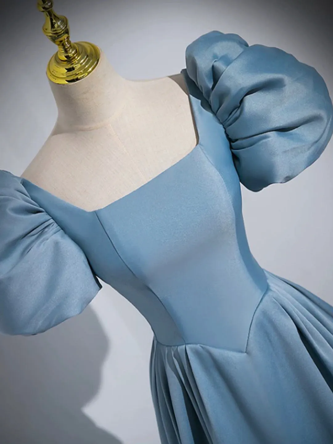 Blue Puff Sleeve Satin Floor Length Prom Dress Blue A-Line Evening Party Dress