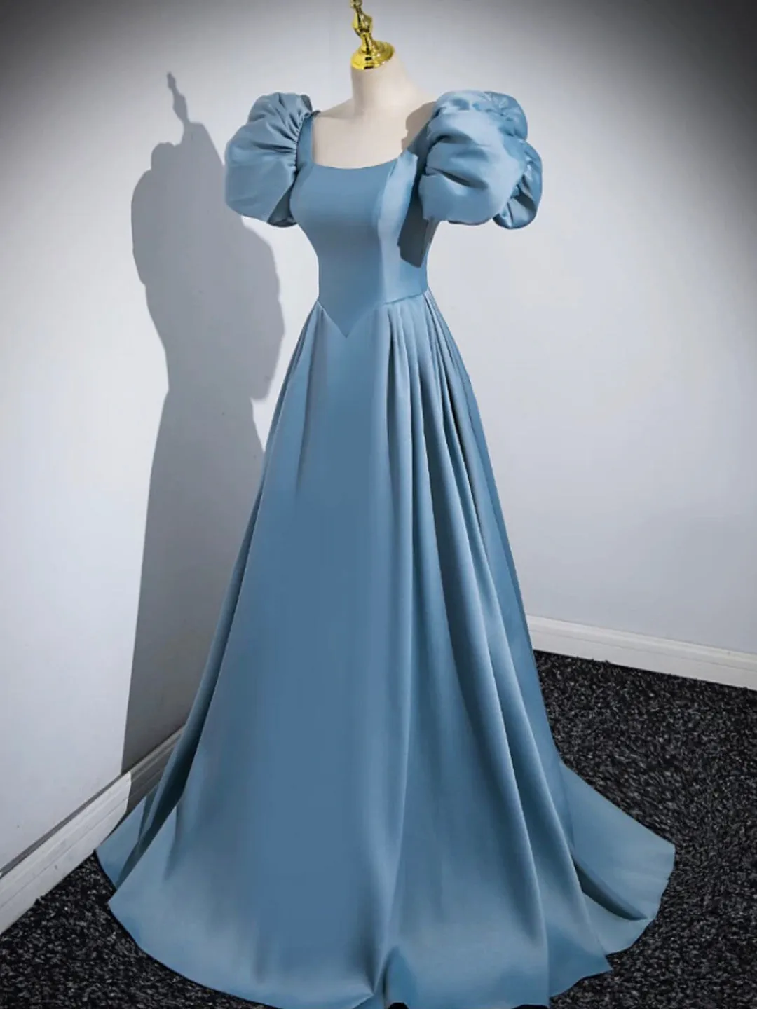 Blue Puff Sleeve Satin Floor Length Prom Dress Blue A-Line Evening Party Dress