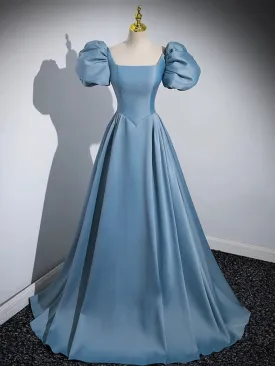Blue Puff Sleeve Satin Floor Length Prom Dress Blue A-Line Evening Party Dress