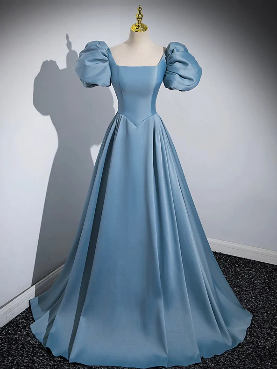 Blue Puff Sleeve Satin Floor Length Prom Dress Blue A-Line Evening Party Dress