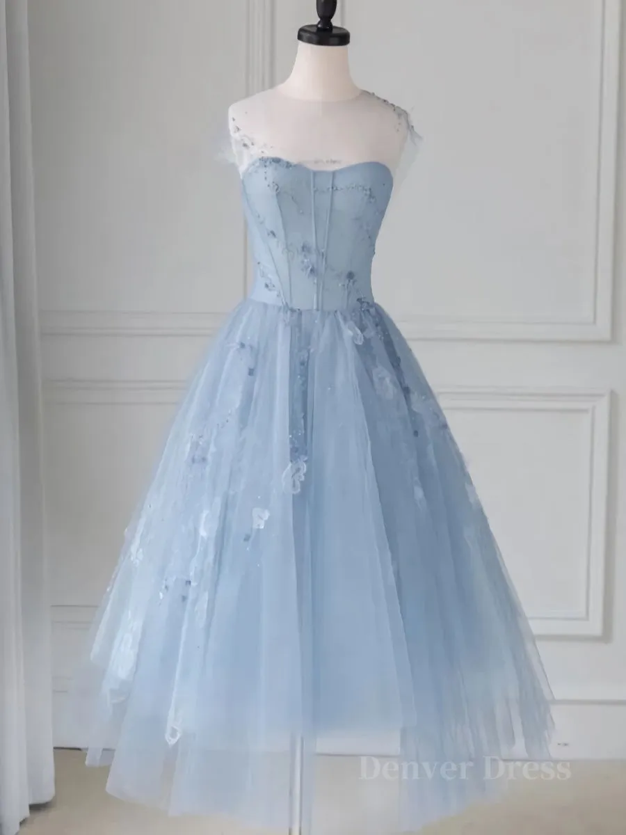 Blue round neck tulle lace short prom dress blue homecoming dress