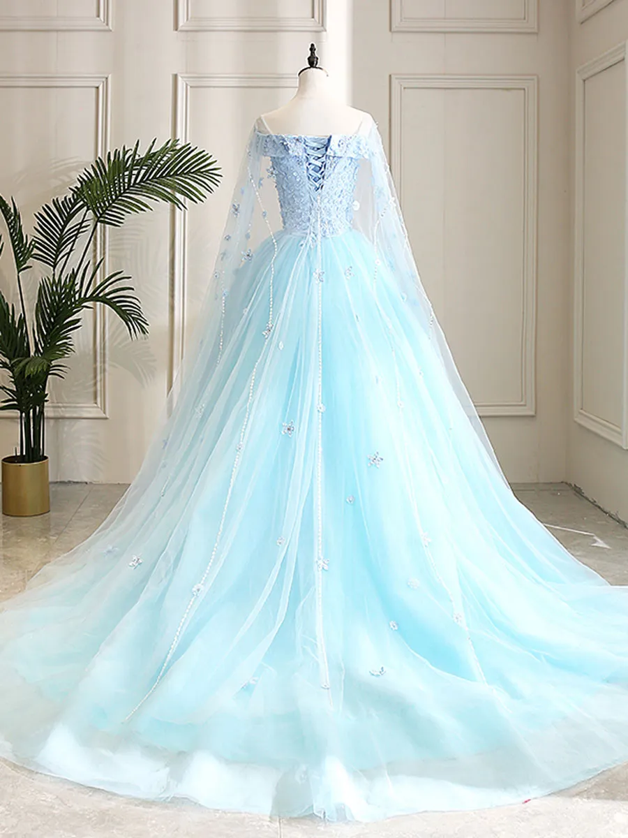 Blue Sweetheart Neck Tulle Lace Long Prom Dress Blue Evening Dress