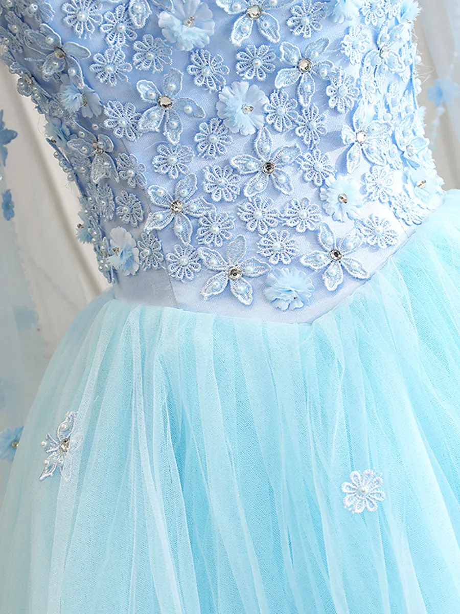 Blue Sweetheart Neck Tulle Lace Long Prom Dress Blue Evening Dress