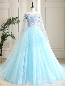 Blue Sweetheart Neck Tulle Lace Long Prom Dress Blue Evening Dress