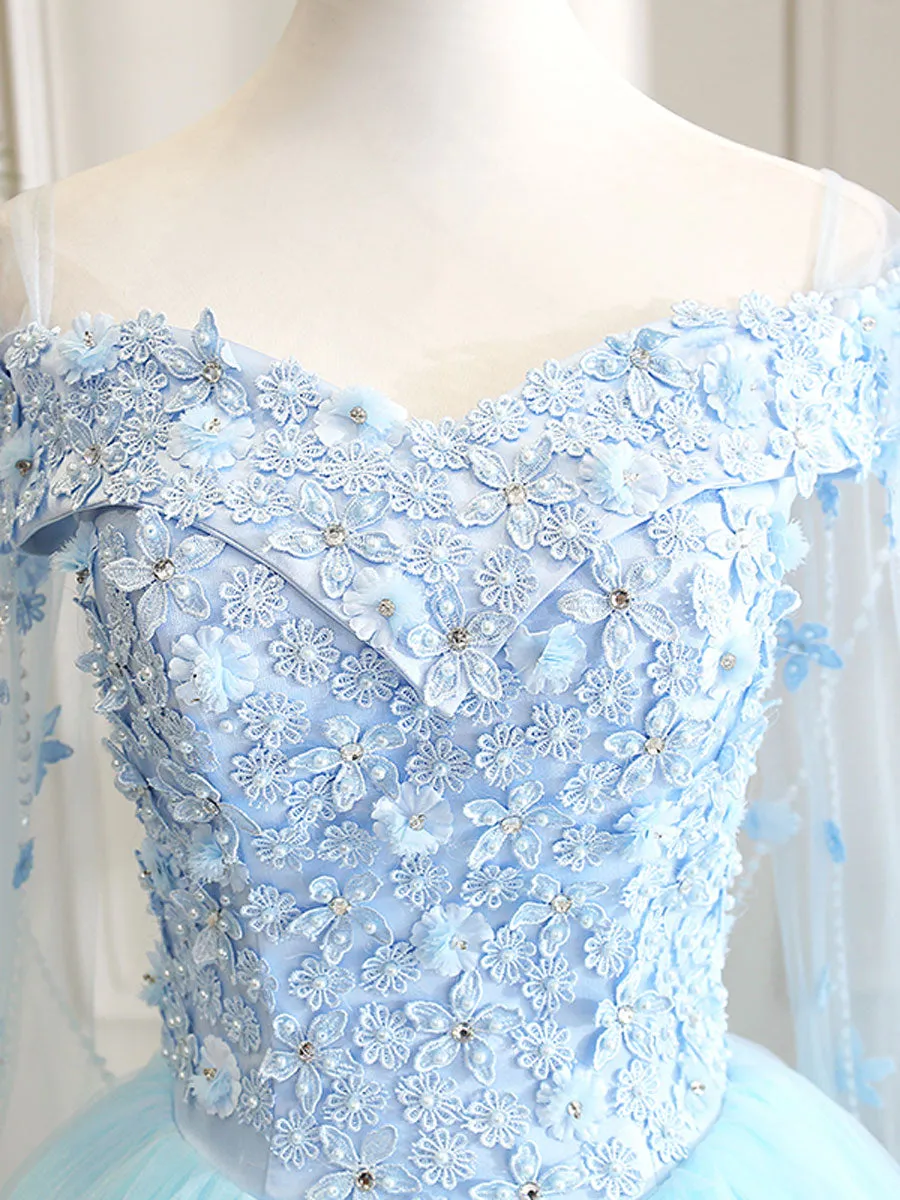 Blue Sweetheart Neck Tulle Lace Long Prom Dress Blue Evening Dress