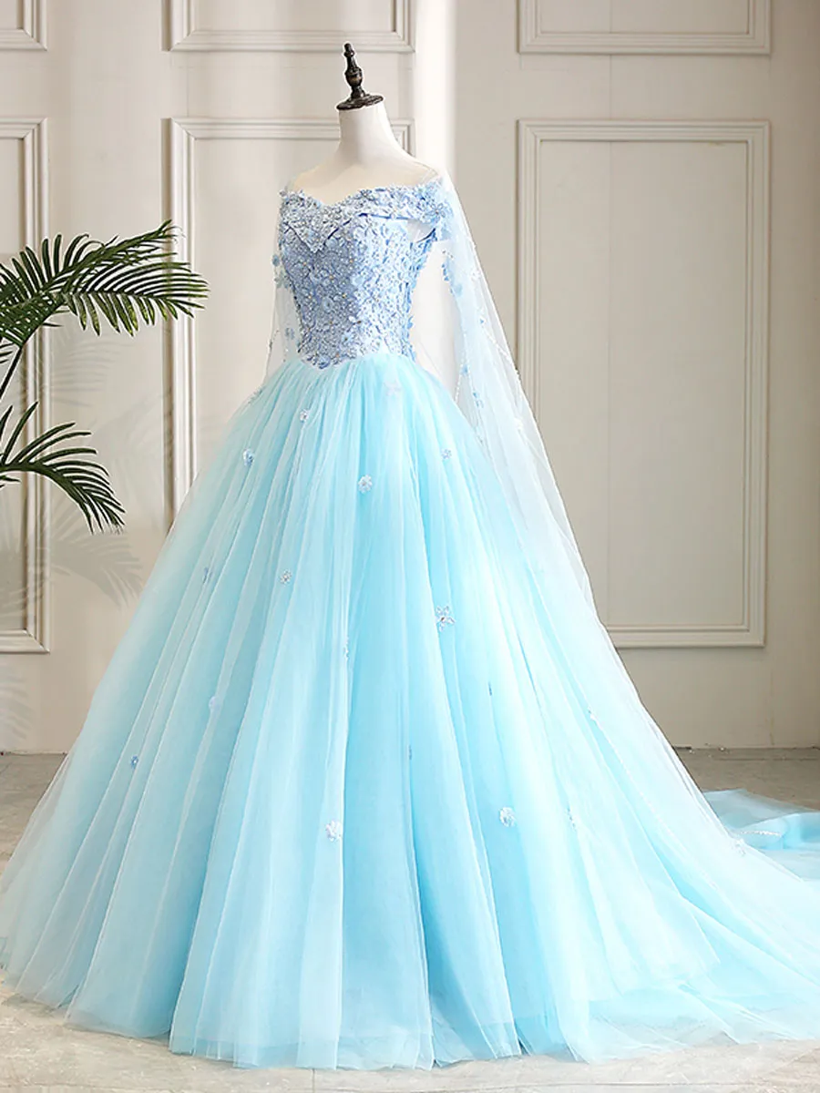 Blue Sweetheart Neck Tulle Lace Long Prom Dress Blue Evening Dress